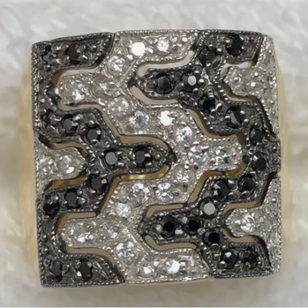 DBJ Gold over Sterling Silver Wide Band covered in Black & White CZ Ring; Size 7